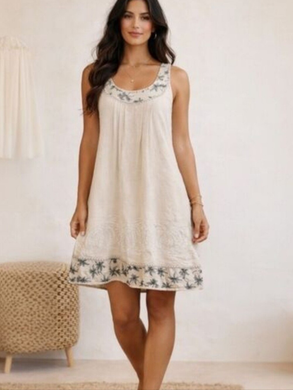 Raya Sun Palm Tree Embroidered Sleeveless Dress Small